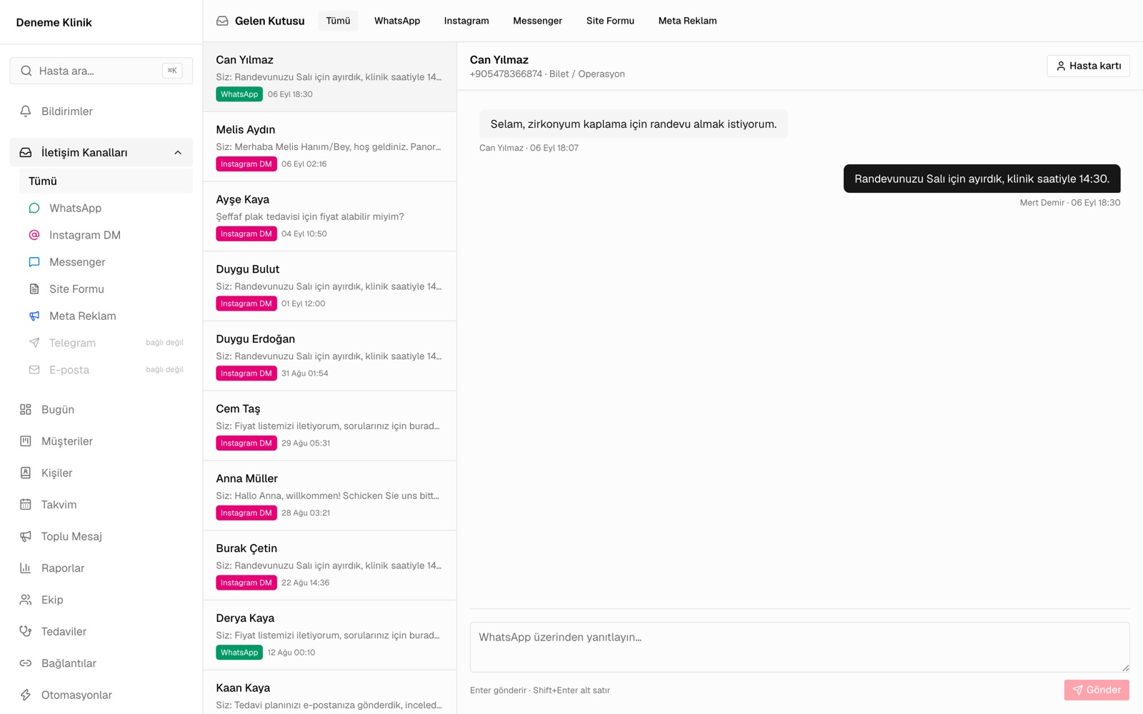 Monostron gelen kutusu: WhatsApp, Instagram, Messenger, site formu ve Meta reklam mesajları tek listede (demo klinik)