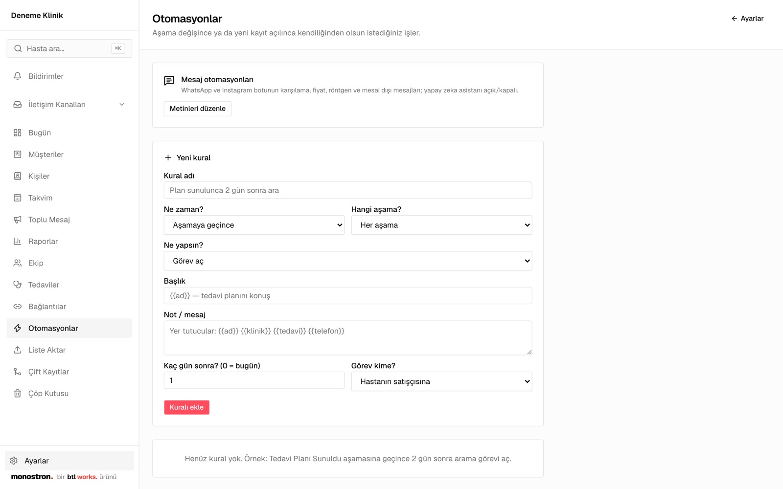 Monostron otomasyon ekranı (demo klinik)
